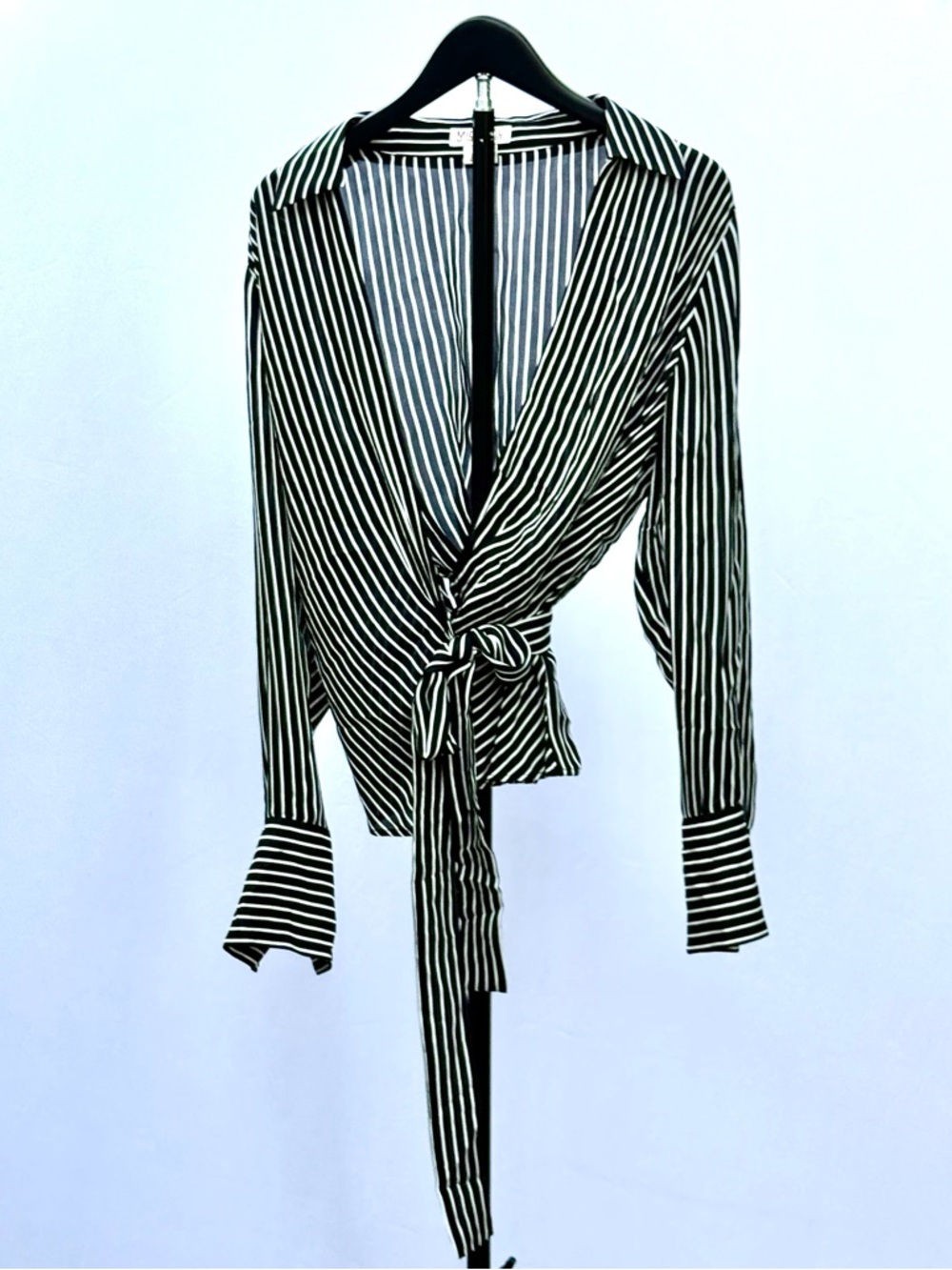 Michael Kors 100% Silk Black and White Striped Wrap Button-Down Blouse